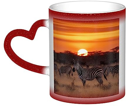 LDTVSFZQ Keramik-Kaffeetassen, 325 ml, Afrika, Sonnenuntergang, Zebra, Farbwechsel-Tasse, personalisierte Neuheit, Kaffeetasse, rote Teetasse, coole Kaffeetassen für Männer und Frauen, lustiges