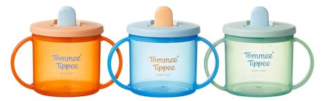Tommee Tippee First Cup, 190ml, Non-Spill Sippy Cup for Babies 4 Months+, with Free-Flow Flip-Down Spout and Easy to Hold Handles, Orange, Blue and Green, 3 Pack