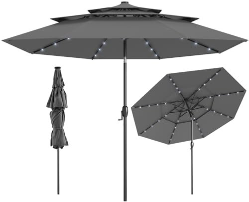 RELAX4LIFE Parasol Droit Inclinable 3M avec LED Solaire | Parasol de Jardin Extéieur 3M LED | Toit Ventilé à 3 Couches | Inclinaison 35° | Manivelle | 8 Baleines | Balcon Terrasse (Gris)