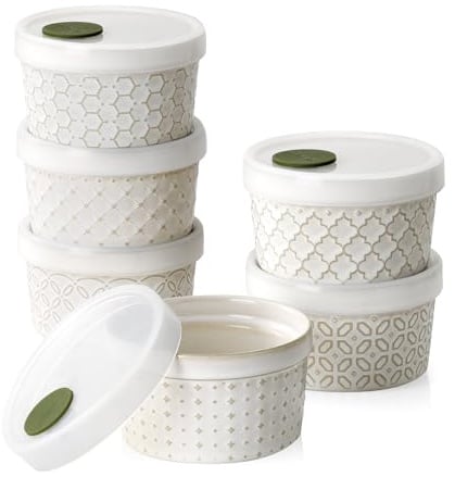 DOWAN 6 oz Ramekins with Lids，Porcelain Creme Brulee Ramekins, 180 ml Ceramic Bowls Set of 6, Oven Safe Soufflé Dishes for Desserts, Casseroles, and Dips