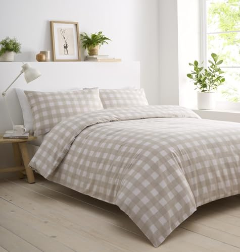 Portfolio Home Gingham Check Natural Double Soft Easy Care Bed Linen Bedding Duvet Cover Quilt Set With Pillow Cases
