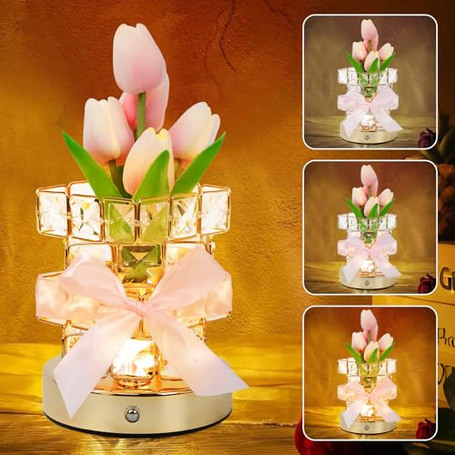 Tulpe Blume Lampe, Geburtstagsgeschenk für Frauen, 3-Farben Stufenlos Dimmbar Kleine Lampe, USB Wiederaufladbare Touch-Tischlampe, Geschenke für Mama Valentinstag, Muttertag, Weihnachten