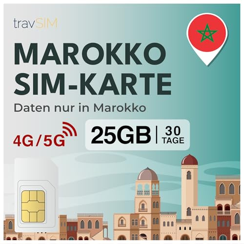 travSIM SIM Karte für Marokko| 30 Tage - 25GB Daten SIM | 5G/4G Hochgeschwindigkeitsdaten | Unbegrenzter Internetzugang für Google, Facebook, Whatsapp, Instagram und mehr