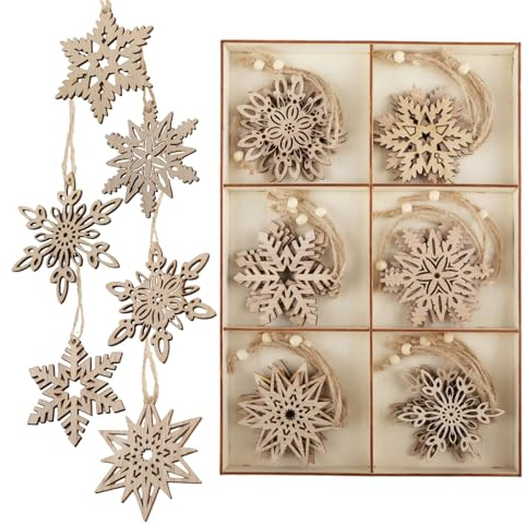 milaosk 24 Stück Weihnachten Schneeflocken Holz Christbaumschmuck Holzschneeflocken Weihnachtsbaumschmuck Holzanhänger Weihnachtsbaum Anhänger mit Juteseil für Winterdeko Weihnachtsdeko DIY