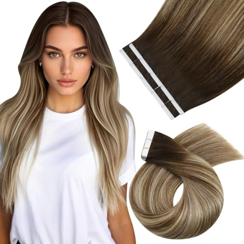 Moresoo Tape Extensions Echthaar Remy Haar 40cm Ombre Braun Blond 25g