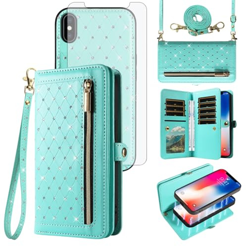Phone Case for iPhone Xs X 10 10s Zipper Wallet Detachable Cell Cover with Screen Protector Crossbody Lanyard Strap Glitter Flip Credit iPhoneX iPhoneXs iPhone10 i PhoneX SX 10x 10xs X’s Women Green
