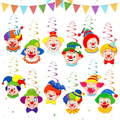 CHIHOLEN Clown Girlande Karneval Deko, 12 Stück Spiral Girlanden mit Clown Motiv, Luftschlangen für Deckenhänger, Hängedeko Partydekoration für Karneval, Fasching, Zirkus Deko