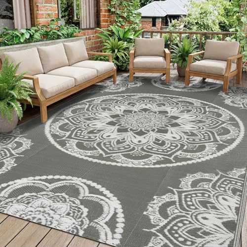 IMIYOKU Outdoor Teppich Wetterfest 150×245 cm, Wendbarer Balkon Teppich Boho Wasserfest Aussen Grau, Kunststoff Stroh Camping Teppich für Draußen Terassen Garten Picknick Wohnmobil