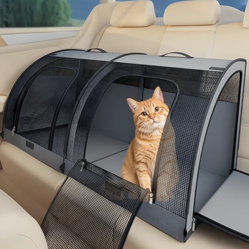 Foldable Pet Car Carrier Bag 100×50×50cm, Dual-Compartment Dog Car Seat for 2 Cats/Medium Animals, Breathable Mesh Pet Travel Crate with 4 Side Doors/Storage Pocket, Collapsible Portable Pets Carrier