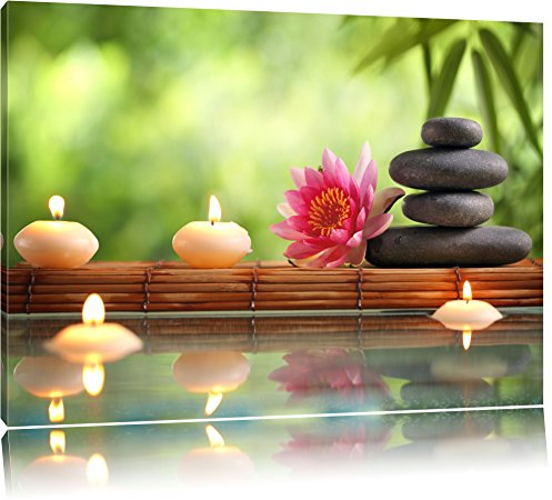 Pixxprint Herrliche Seerose mit Zen Steinen im Tempel, Größe: 100x70cm, Leinwandbild, fertig gespannt, Wandbild, Dekoration, Kunstdruck, kein Poster