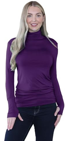 janisramone® Plain Long Sleeve Gym Tops Women with Thumb Hole and High Polo Neck, Plain Stretch Running Top Womens, Pull Over Soft Yoga Tops for Women UK Purple