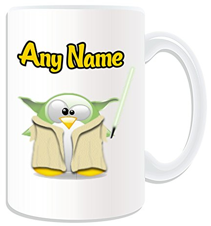 UNIGIFT - Taza grande de Yoda (diseño de personajes de película de pingüino, color blanco) - Cualquier nombre/mensaje en su único - Película de superhéroe Star Wars Jedi Espada láser