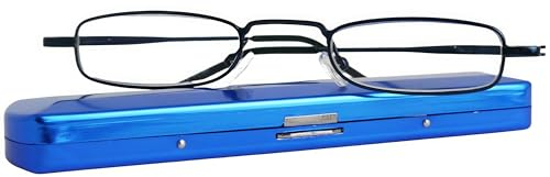 Schmale Metall Mini Lesebrille, Edelstahl Rahmen (Blau), mit Gratis Slim-Fit Alu Etui, Lesehilfe Flach Damen und Herren +1.5 Dioptrien