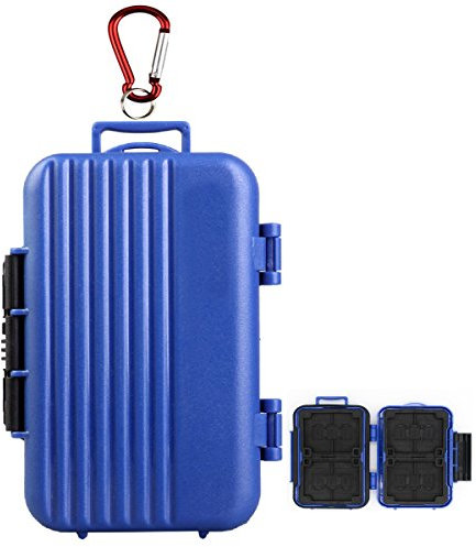 LXH Waterproof & Shockproof 24 Slots Luggage Memory Card Case Holder For 4 (CF) Compact Flash & 8 Secure Digital (SD) & 12 TF/Micro SD Card Storage Holder With Carabiner (Blue)