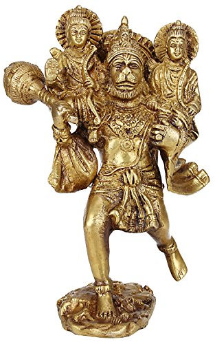 Kartique Brass Sri Ram Laxman on Shoulder of Hanuman Ji Bajrangbali Sankat Mochan Idol Statue Murti for Home Office Decor Height 7 Inch Gold Color