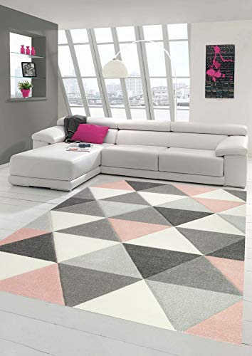 Merinos Teppich modern Designerteppich mit Dreieck Muster in Rosa Grau Creme Größe 120x170 cm