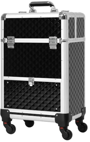 HOMCOM Aluminium-Rollkoffer Makeup 4 Räder Schloss Schlüssel Schwarz | Tragbarer professioneller Kosmetikkoffer
