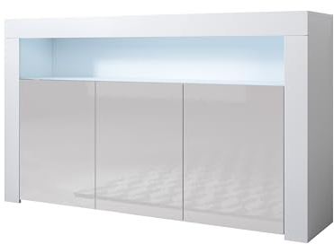 MB Muebles Bonitos, Buffet Aker avec Lumière LED et 3 Portes pour Salon et Salle à Manger, Meuble TV en Mélamine Brillante, Couleur Blanc et Gris, 155x91,5x37 cm