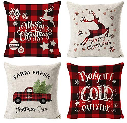 Kissenbezüge Weihnachten 4Pcs Weihnachtskissenbezug Weihnachtsbaum Schneeflocke Rentier Wohnkultur Leinen Dekokissen Cases Xmas Holiday Farmhouse Home Schlafzimmer Dekokissen 45 x 45cm (White)