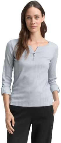 TOM TAILOR Damen Henley Longsleeve mit Streifenmuster