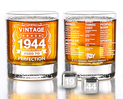 Old Fashioned Glasses-1945-Vintage 1945 old time information 10.25oz Whiskey Rocks Glass -80th Birthday Aged to Perfection - 80 years old gifts Bourbon Scotch Lowball Old Fashioned-1PCS