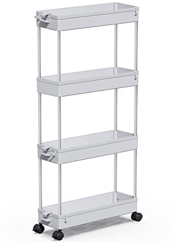 SPACEKEEPER Küchenwagen mit 4 Ebenen, Schmale Rollwagen Nischenregal auf Rollen, platzsparendes Badregal und Küchenregal für Küche Büro Bad, 40x13x86cm,Grau