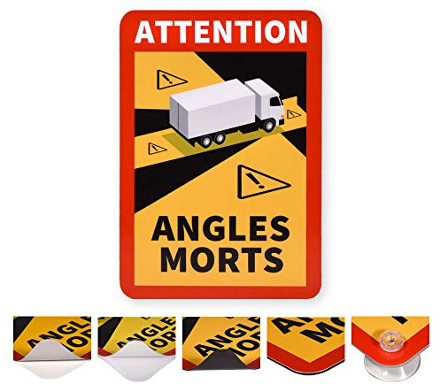 reflecto Hinweisschild ‚Angles Morts‘ | 5 Anbringungsarten zur Auswahl | mit LKW oder Bus-Motiv | 250 x 170 mm | Aufkleber, magnetisch, Saugnäpfe | für Planen-Material (für LKW-Plane, selbstklebend)