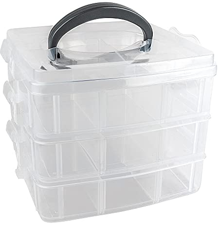 Ideen mit Herz Aufbewahrungsbox mit Deckel & Tragegriff | 18 Fächer | transparent | 16,5 x 15,5 x 13 cm | 3 Ebenen mit je 6 Fächern | Sortierbox für Kleinteile, Perlen, Schmuck, Schrauben