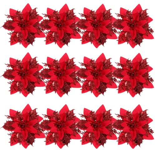 NUOBESTY 12 flores de Pascua con purpurina para árbol de Navidad, adornos artificiales para decoración de árbol de Navidad con tallos y clips (rojo)