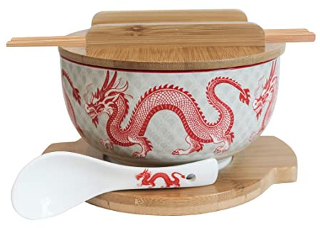 Japanisches Keramik-Ramen-Nudelschalen-Set mit Keramiklöffel, Bambus-Essstäbchen, Deckel und Untersetzer, mikrowellengeeignet, Ofensicherheit (8.4x16.8 cm D) (Red Dragon)