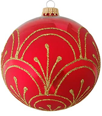 Krebs Glas Lauscha - Weihnachtsdekoration/Christbaumschmuck aus Glas - Weihnachtskugeln - Motiv: Rote Kugel mit goldenen Linien - Größe: 6 mal 8cm
