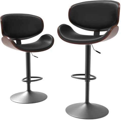 Fohfurniture Barhocker 2er Set, Barhocker höhenverstellbar mit Lehne, Barstuhl drehbar aus Holz & Kunstleder & Metallstandfuß, Küchenhocker verstellbar Sitzhöhe 62 bis 84cm, Schwarz
