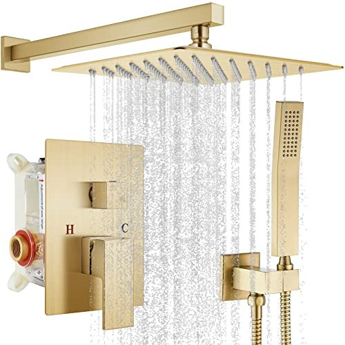 gotonovo Rainfall Bathroom Shower System Rain Shower Head and Handle Set Wall Mounted Shower Complete Combo Solid Brass Pressure Balancing Shower Mixer Valve 12 Inch Brushed Gold