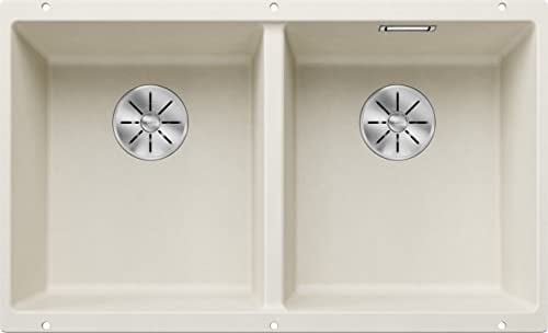 BLANCO SUBLINE 350/350-U Fregadero de granito de granito de color blanco suave, tipo de montaje: bajo encimera, para armarios inferiores de 80 cm de ancho, forma de lavabo 2 en 1: dos cuencas, un
