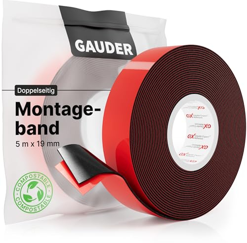 GAUDER Montageband (5 m x 19 mm) | Doppelklebeband | Montageklebeband | Spiegelklebeband | Doppelseitiges Klebeband schwarz
