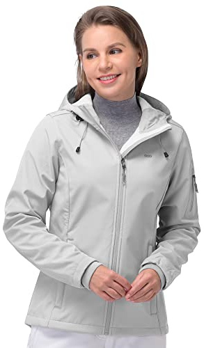 33,000ft Women's Waterproof Jacket, Ladies Lightweight Hooded Softshell Jacket Windproof Fleece Rain Jacket for Outdoor Hiking Light Grey XL