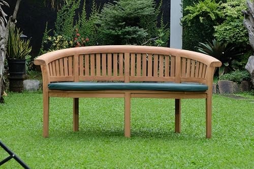 Emporium Furniture Garden Bench (Extra Thick) with Cushions Premium Quality Teak Wood Outdoor Patio Banana Benches (Banana Bench Vertical Slats 12 cm Thick, Green Cushion)