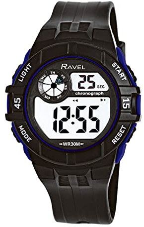 Ravel - Runde 3ATM- Digital-Herren-Quarz-Armbanduhr mit Beleuchtung - RDG.14.15 - Schwarz/Blau