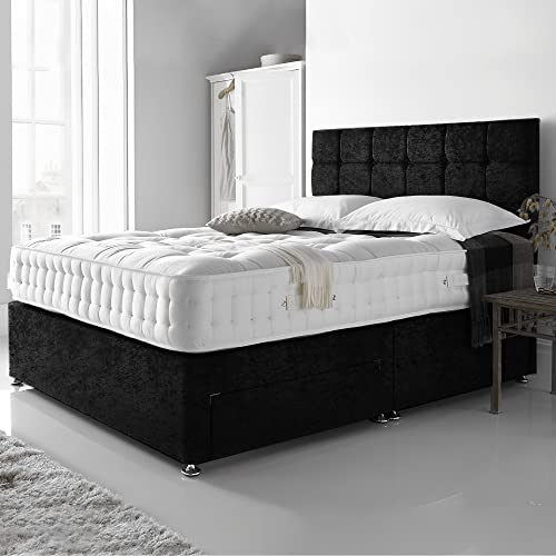 DBZ BEDS Reinforced Super King Bed Set 6 FT with 2000 Series Mattress - Black Crushed Velvet Divan Beds Set with Various Storage Options – 26 Inch Headboard with Chrome Glider Feet (Super King Size)