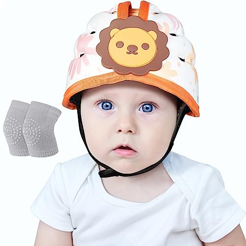 Orzbow Baby Helm mit Knieschoner,Atmungsaktiver Baby Kopfschutz zum Krabbeln und Gehen, Verstellbarer Baby Sicherheitshelm,Anti-Kollision,Ultraleicht,Hochwertige Baumwolle und EVA (Orange Löwe)