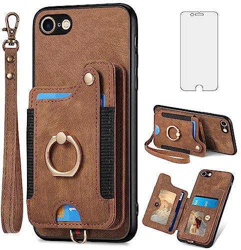 Handyhülle für iPhone 7/8/SE 2020 2022 Hülle mit Glas Folie Schutzfolie und Ring Ständer Kartenfach Klappbar Leder Geldbörse Ständer i SE2020 SE2022 2/2nd 3/3rd Generation 7s 8s 6SE SE2 SE3 Case Braun