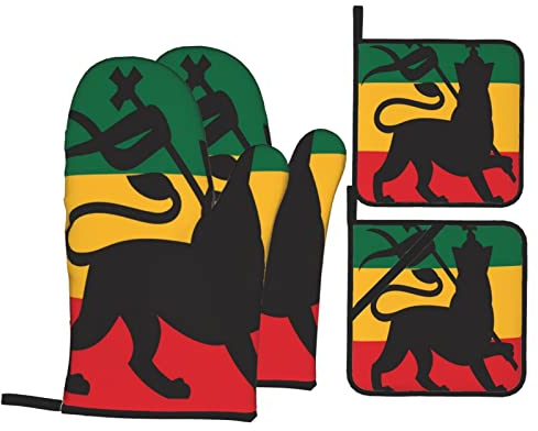 4 Piezas Manoplas De Cocina Bandera Rastafari con León Judah Guantes De Cocina Largo Manoplas De Horno para Horneando, Chimenea, Hornear