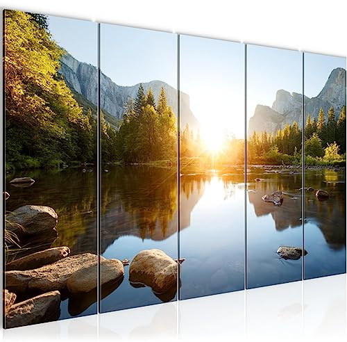 Runa Art Wandbild XXL Berge See Landschaft Wohnzimmer Schlafzimmer 200 x 80 cm 5 Teilig - Made in Germany - 044155a