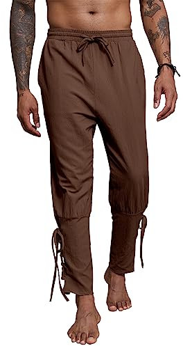YAOBAOLE Hose Medieval Herren Leinenhose Wikinger Renaissance Pirat Elastische Taille für Halloween, braun, XL