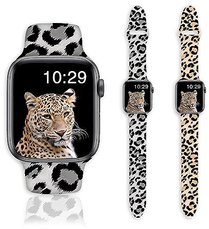 Geekism 2 Pack Leopard Prints Watch Bands Compatible with Apple Watch 38mm 40mm 41mm Women Men Couples Gifts, Soft Silicone Sport Wristbands Replacement Strap for iWatch SE/Series 7/6/5/4/3/2/1