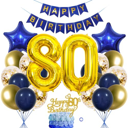 SNOWZAN 80. Geburtstag Dekorationen Blau Gold für Frauen und Männer - Luftballon Girlande, Tortendeko, 80 Jahre Deko