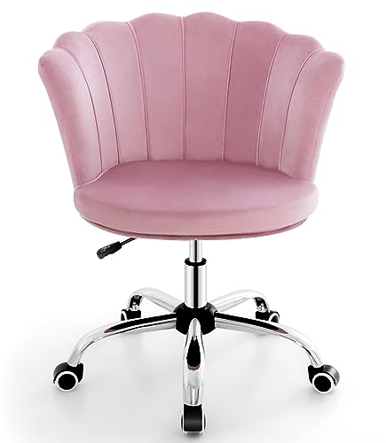 COSTWAY Sedia da Scrivania in Velluto, Poltrona Girevole con Altezza Regolabile, con Schienale a Forma di Petalo e Ruote, per Casa Ufficio, Carico Massimo 150 kg (Rosa)