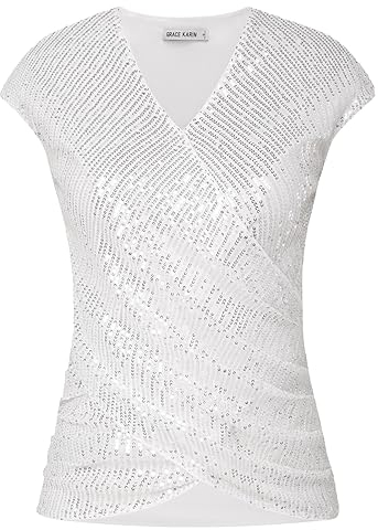 GRACE KARIN Damen Glitzer Tops Elegant Kurzarm Solid Shirt Pailletten Festliche Blusen Silber Weiß S
