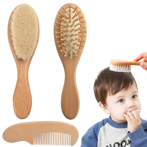 Baby-Haarbürste & Kamm-Set, 3 Stück Personalisierte Haarbürste Baby, Baby Bürste mit weichen Ziegenborsten, Holz Babyhaarbürsten und Babykamm für Neugeborene, kinder, baby Taufe Geschenke