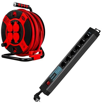 REV Steckdosenleiste SupraGuard & Kabeltrommel im SPARSET - Mehrfachsteckdose 6fach mit 3m Kabel + Kabeltrommel 40m IP44 Outdoor, 4 Schuko-Steckdosen, schwarz